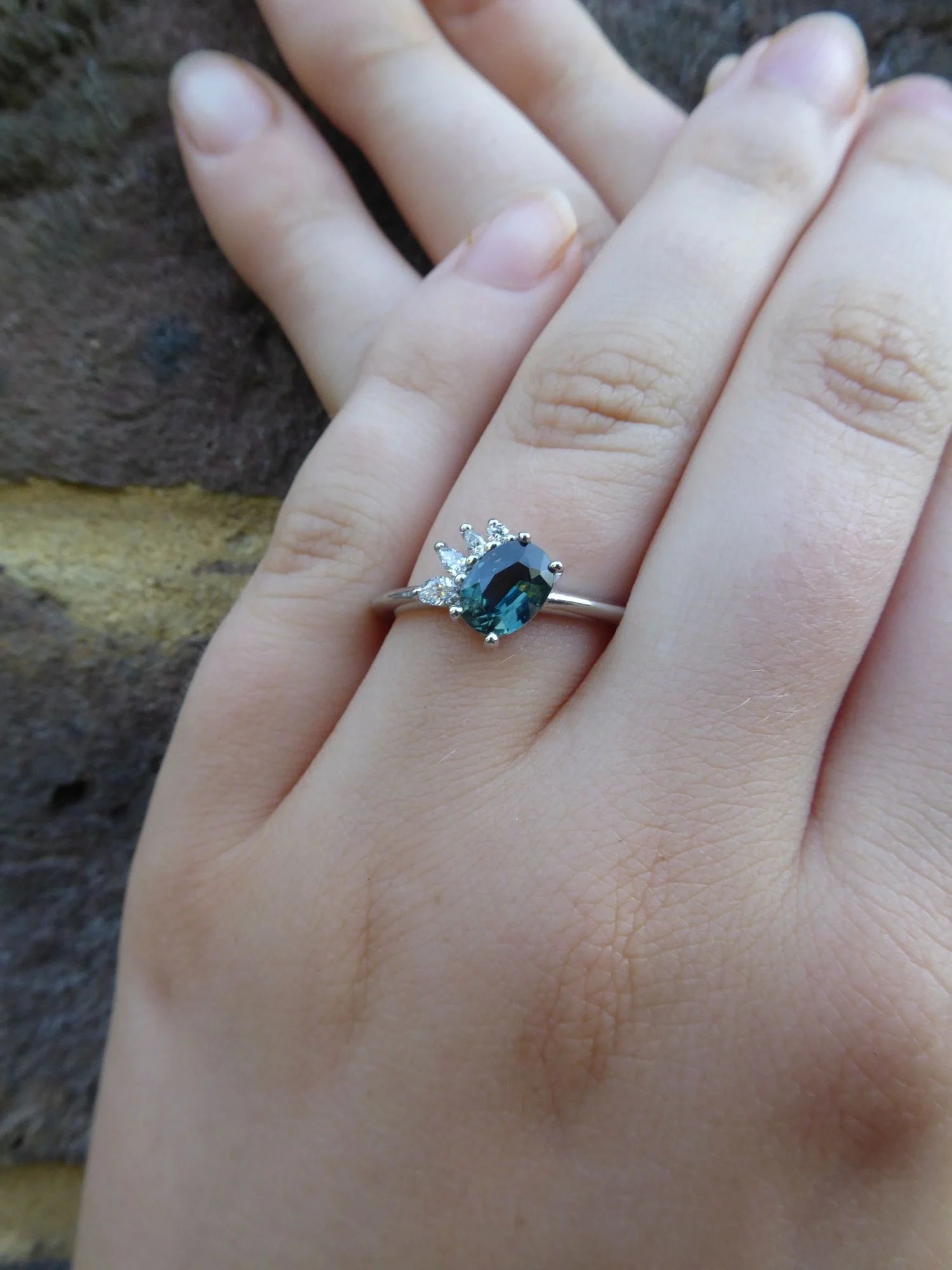 Selene - Oval Teal Sapphire & Diamonds Asymmetrical Cluster Engagement Ring - White Gold or Platinum
