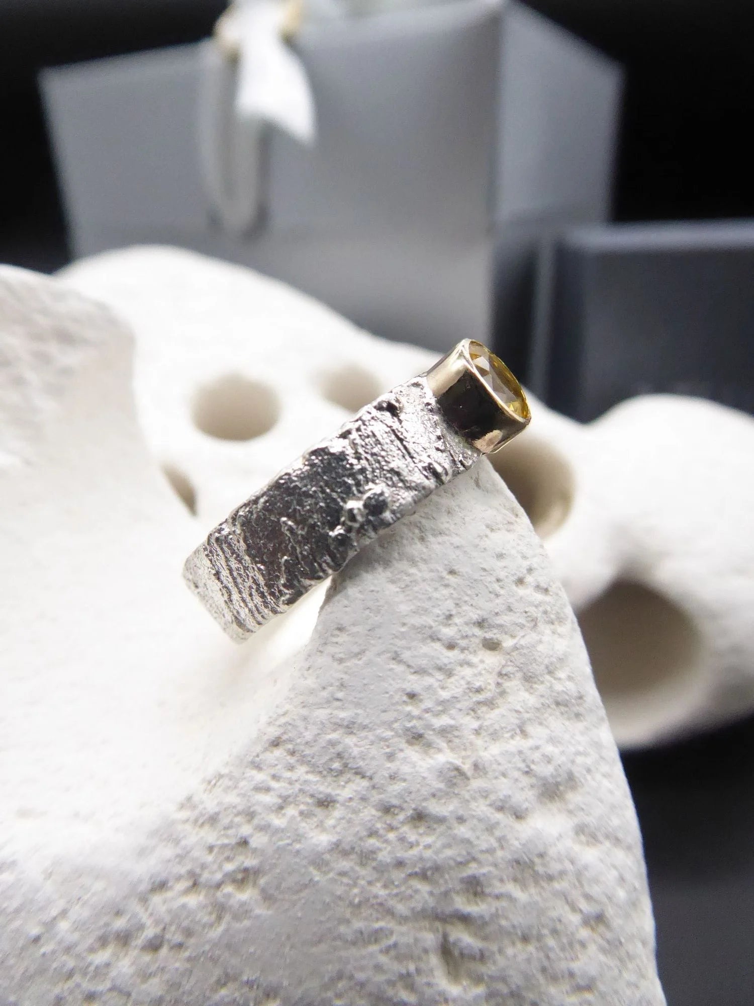 Rivda: Yellow Sapphire Organic Textured Ring | Silver & 9ct Gold