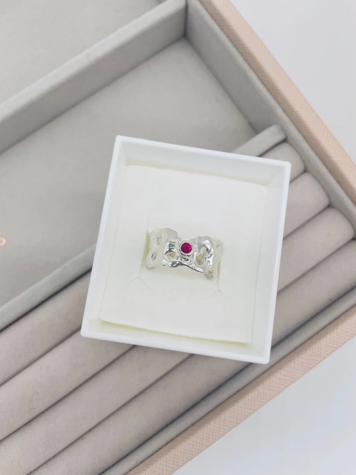 Ruby Set Silver Origin Honeycomb Ring - Organic Style Hand-Carved One-Of-A-Kind
