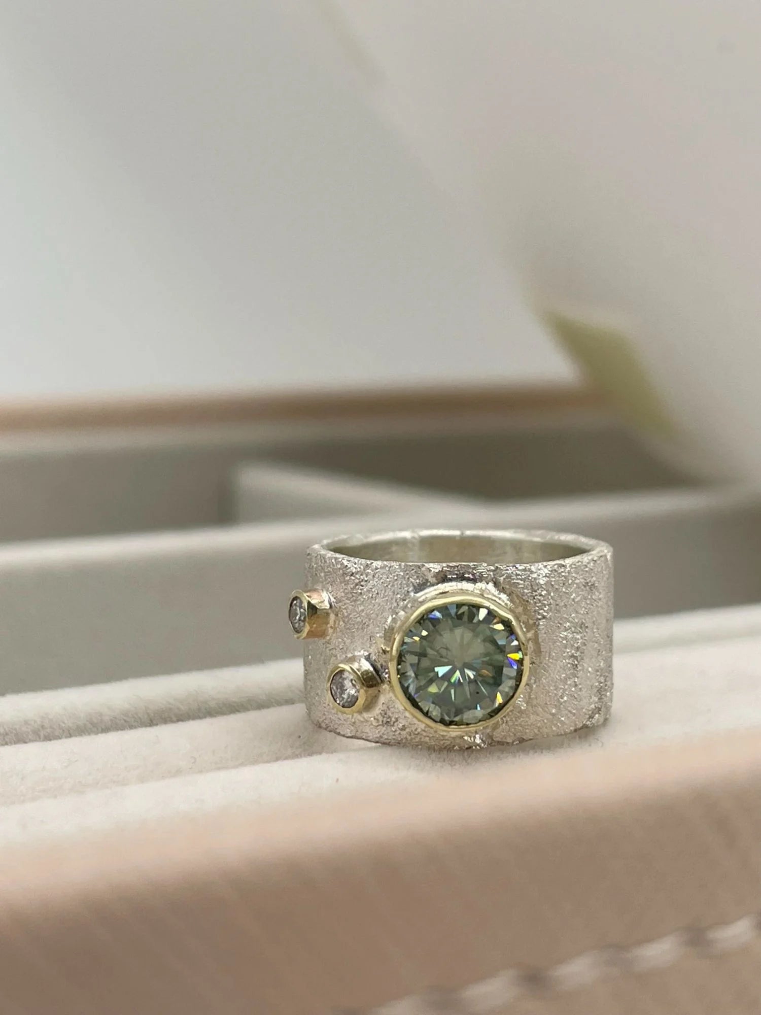 Rivda: Moissanite & Diamond Textured Ring | Silver & 9ct Gold