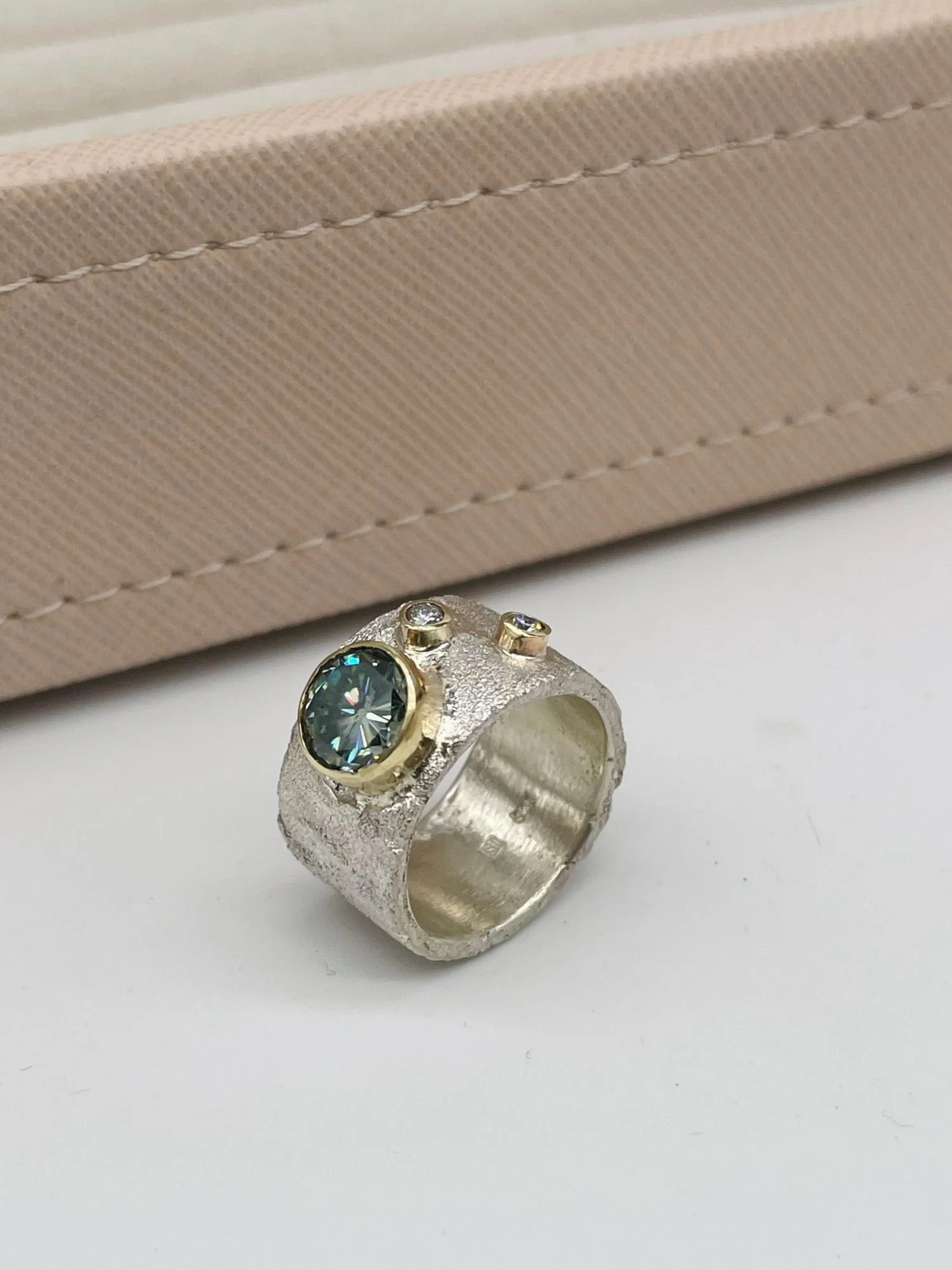 Rivda: Moissanite & Diamond Textured Ring | Silver & 9ct Gold