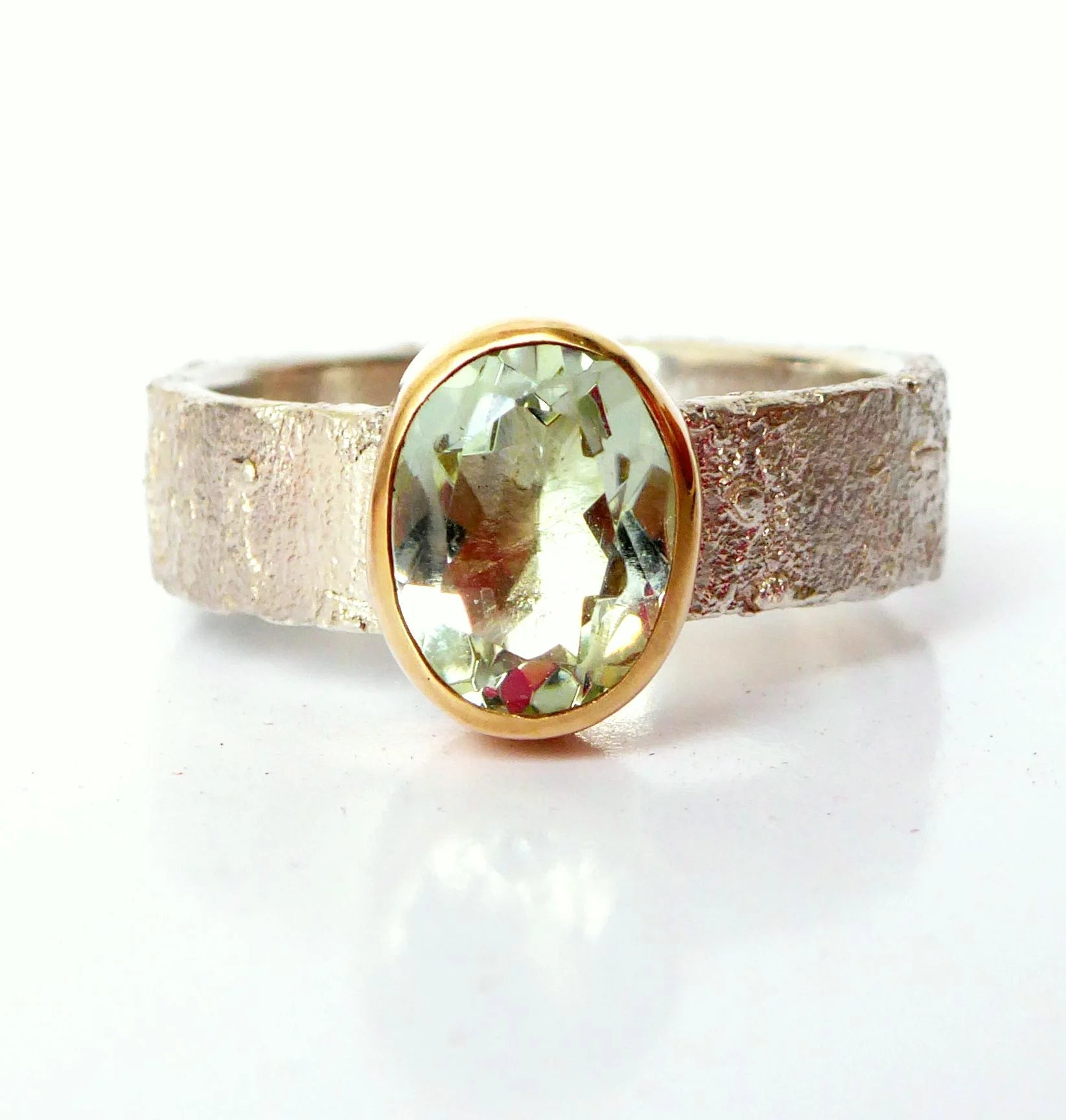 Rivda: Oval Prasiolite Organic Ring | Silver & 9ct Gold Detail