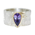 Pear Shaped Purple Sapphire Textured Silver Ring With Gold Detail