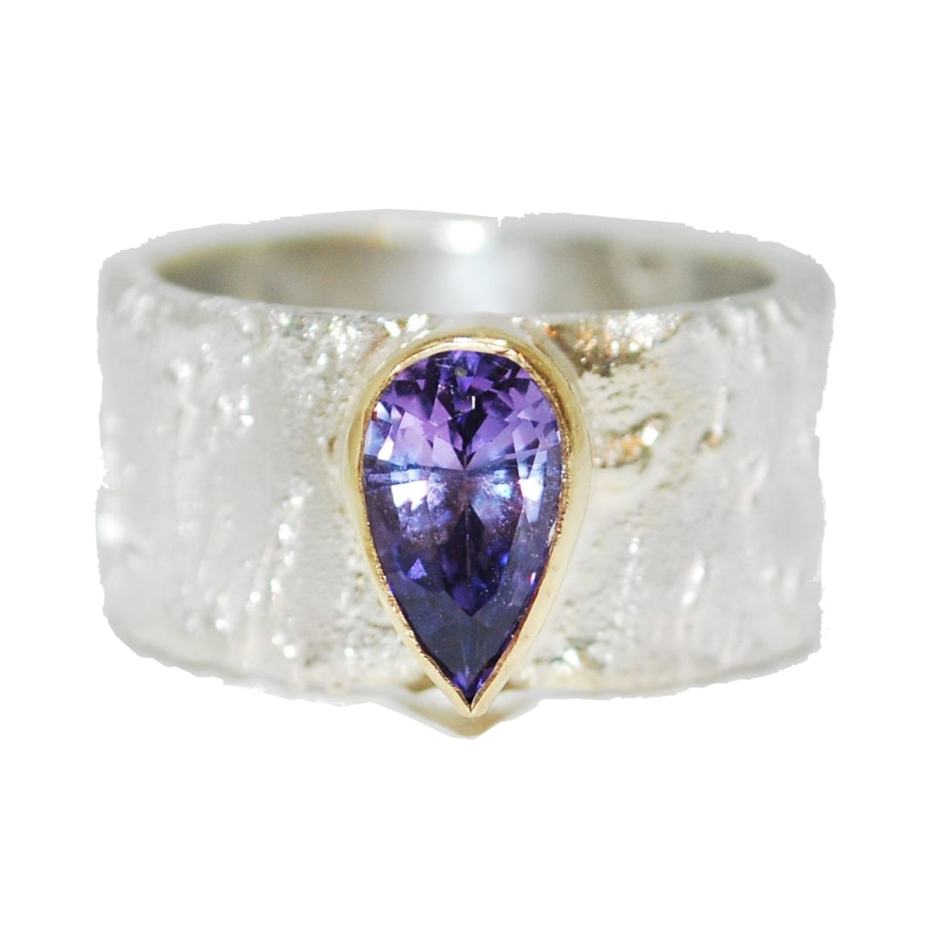 Pear Shaped Purple Sapphire Textured Silver Ring With Gold Detail