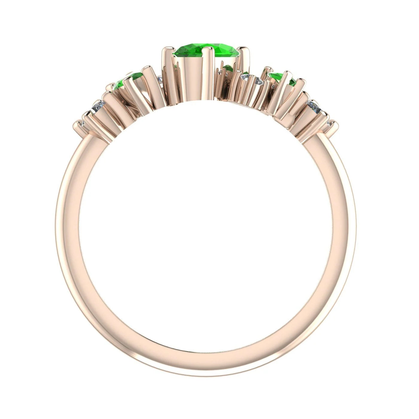 Through finger view of the Atlantis Paradise ring in 18ct rose gold featuring a vibrant green tsavorite garnet and a cluster of asymmetrical diamonds.