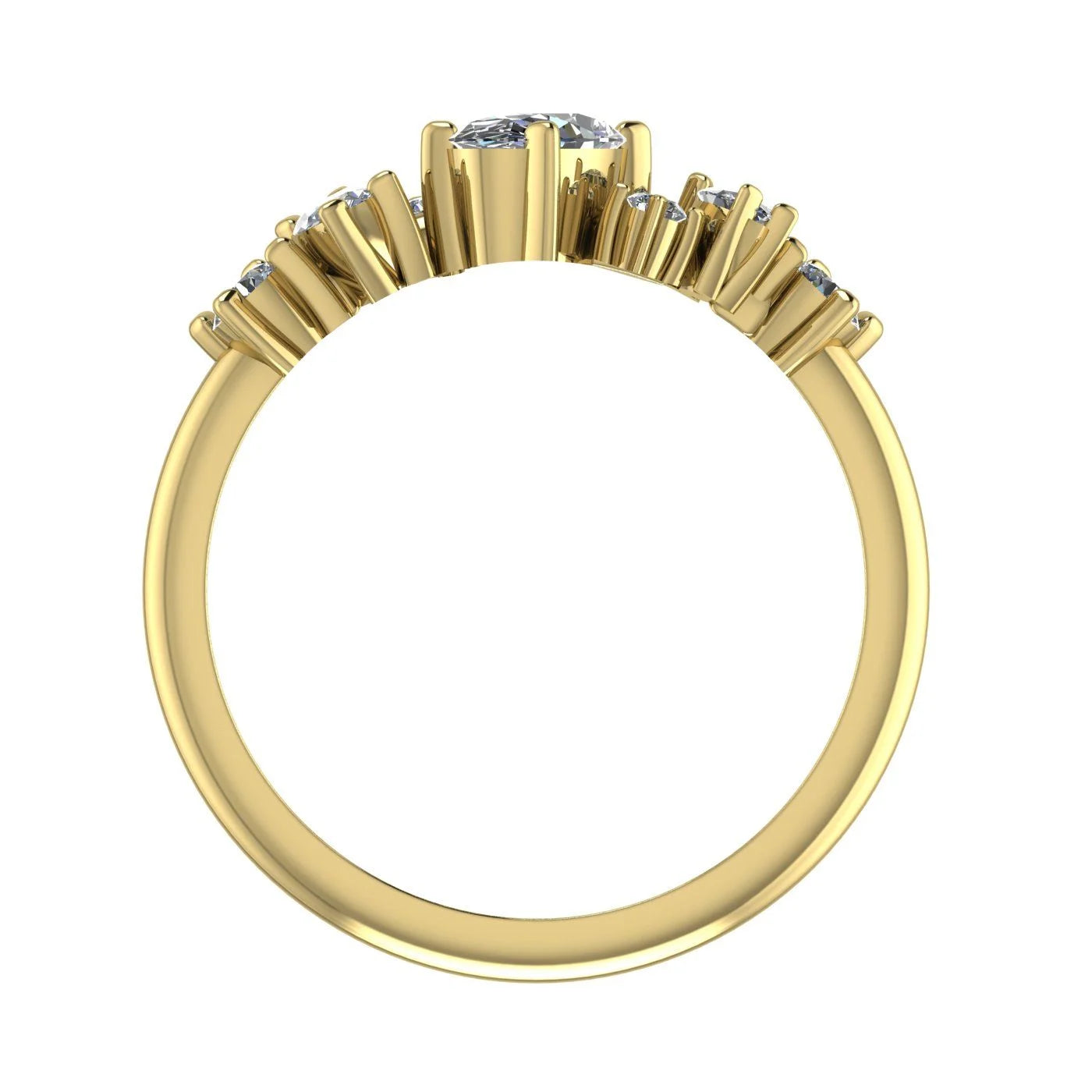 A view through the centre of the 18ct yellow gold band, highlighting the profile and gemstone setting height.
