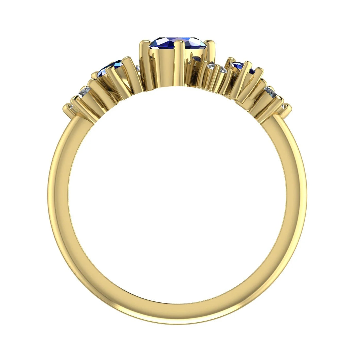 A view through the centre of the 18ct yellow gold band showing the profile and height of settings.