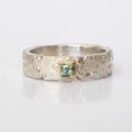 Textured Silver Princess Cut Sapphire Set In Gold Handmade Ring