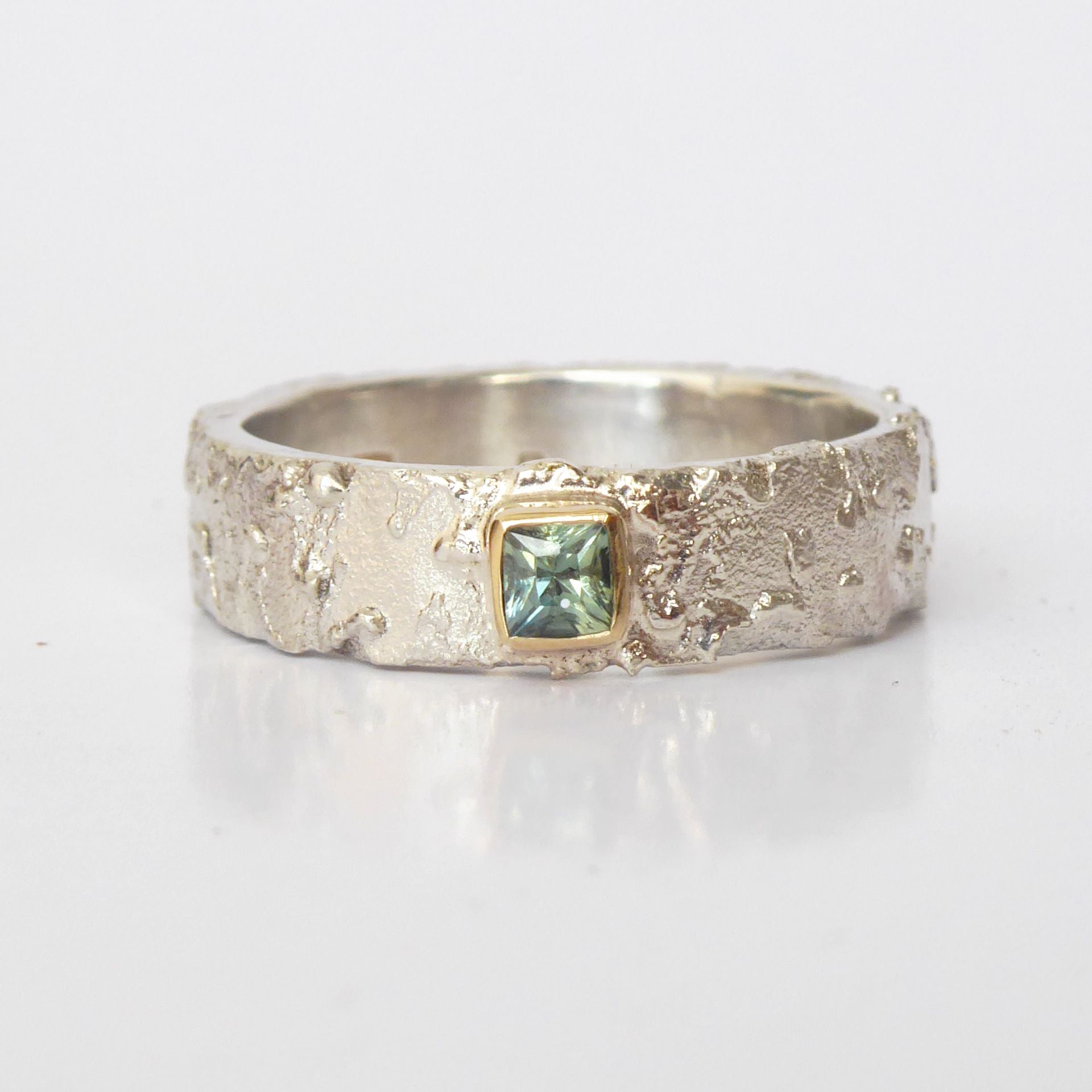 Textured Silver Princess Cut Sapphire Set In Gold Handmade Ring