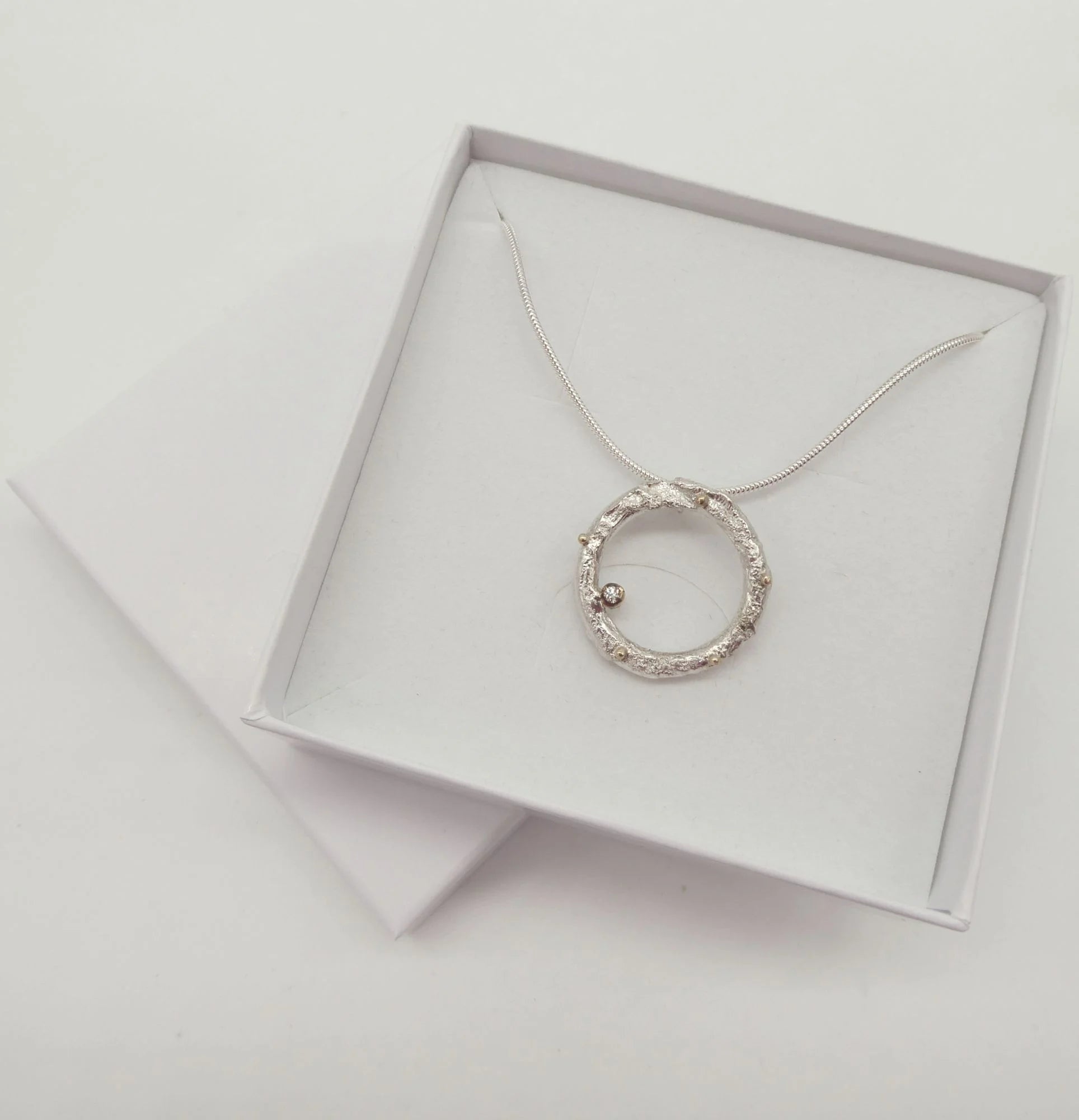 Rivda: Diamond Organic Loop Pendant | Textured Silver & 9ct Gold