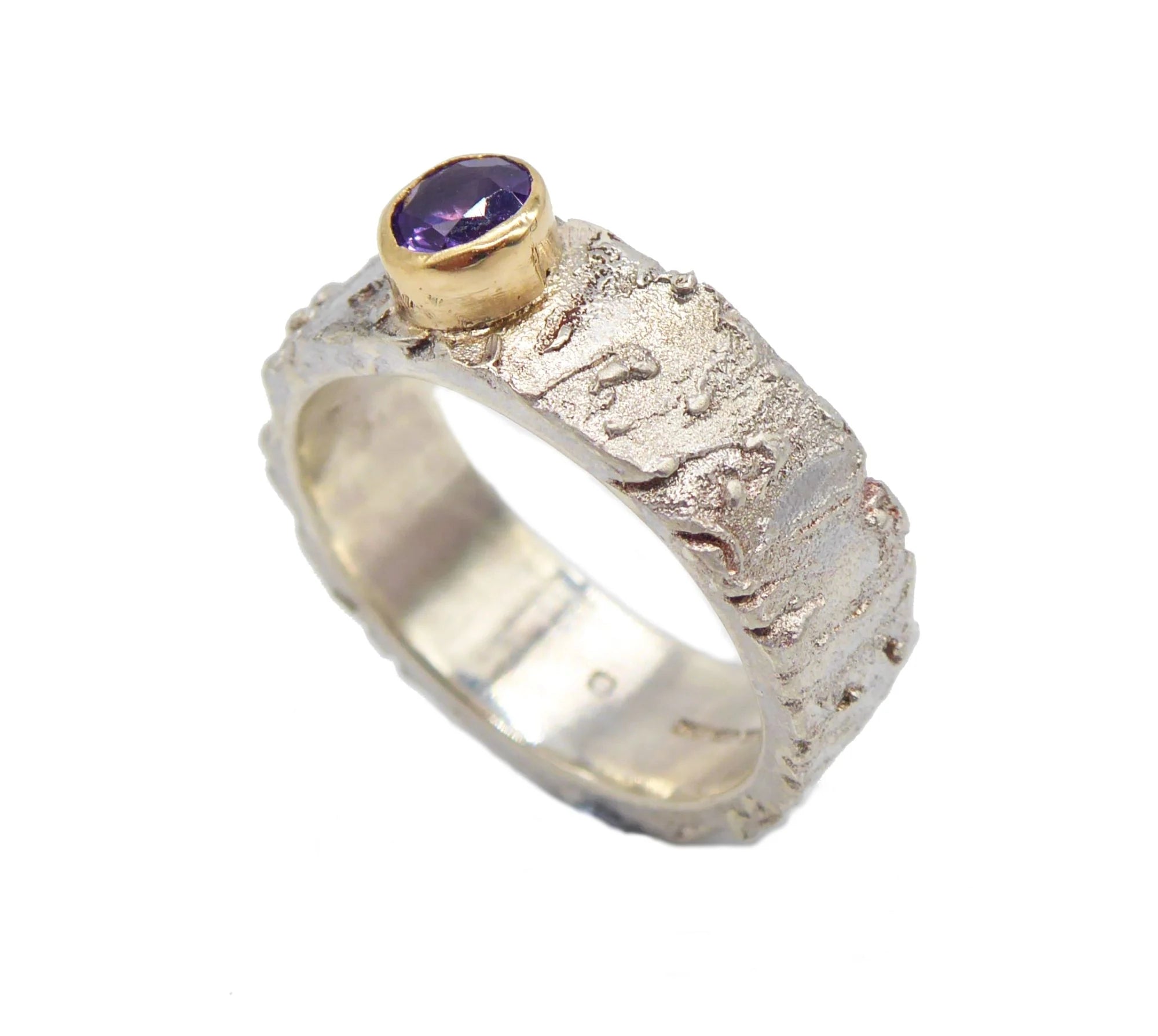 Rivda: Purple Sapphire Organic Textured Ring | Silver & 9ct Gold