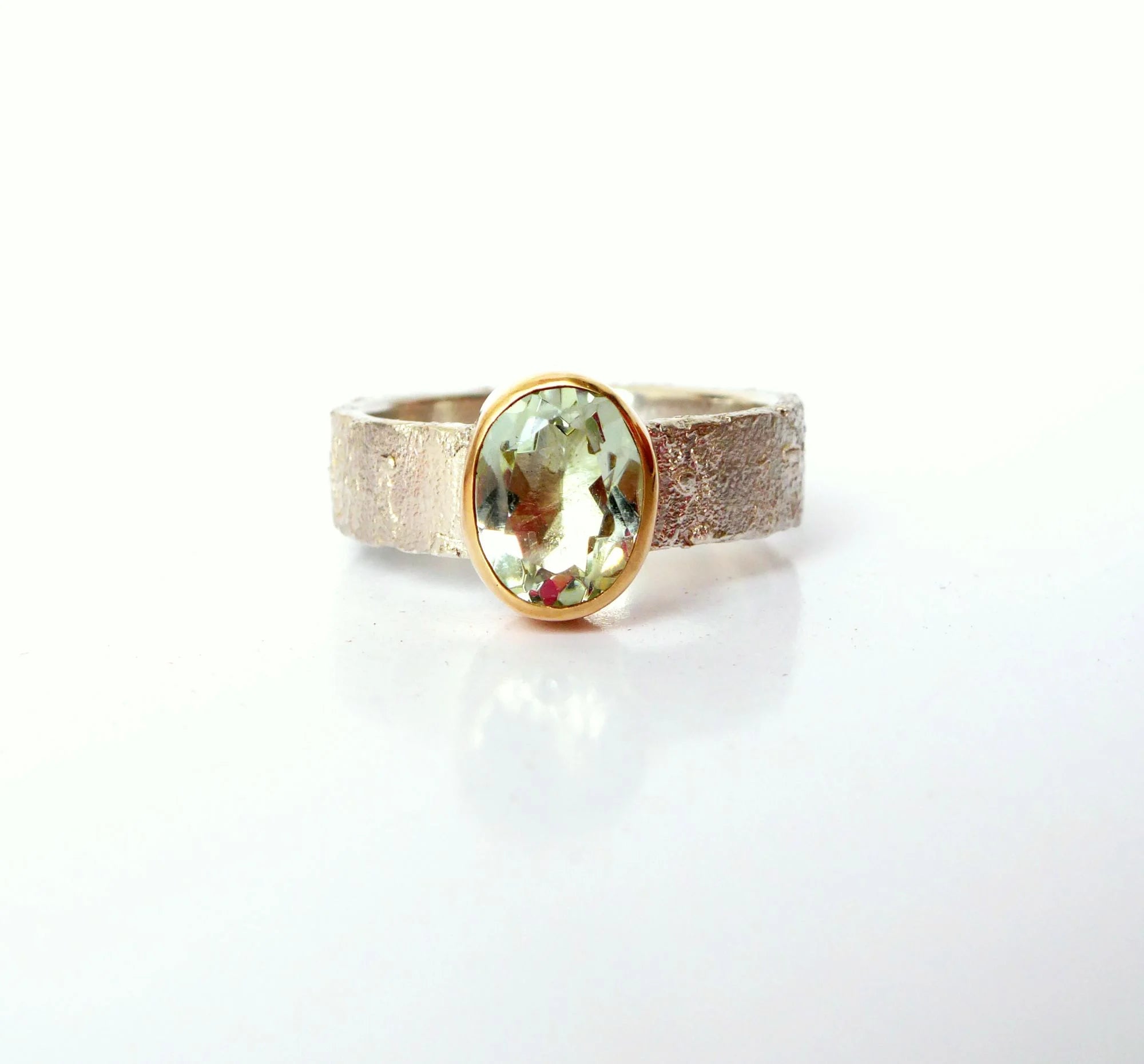 Rivda: Oval Prasiolite Organic Ring | Silver & 9ct Gold Detail
