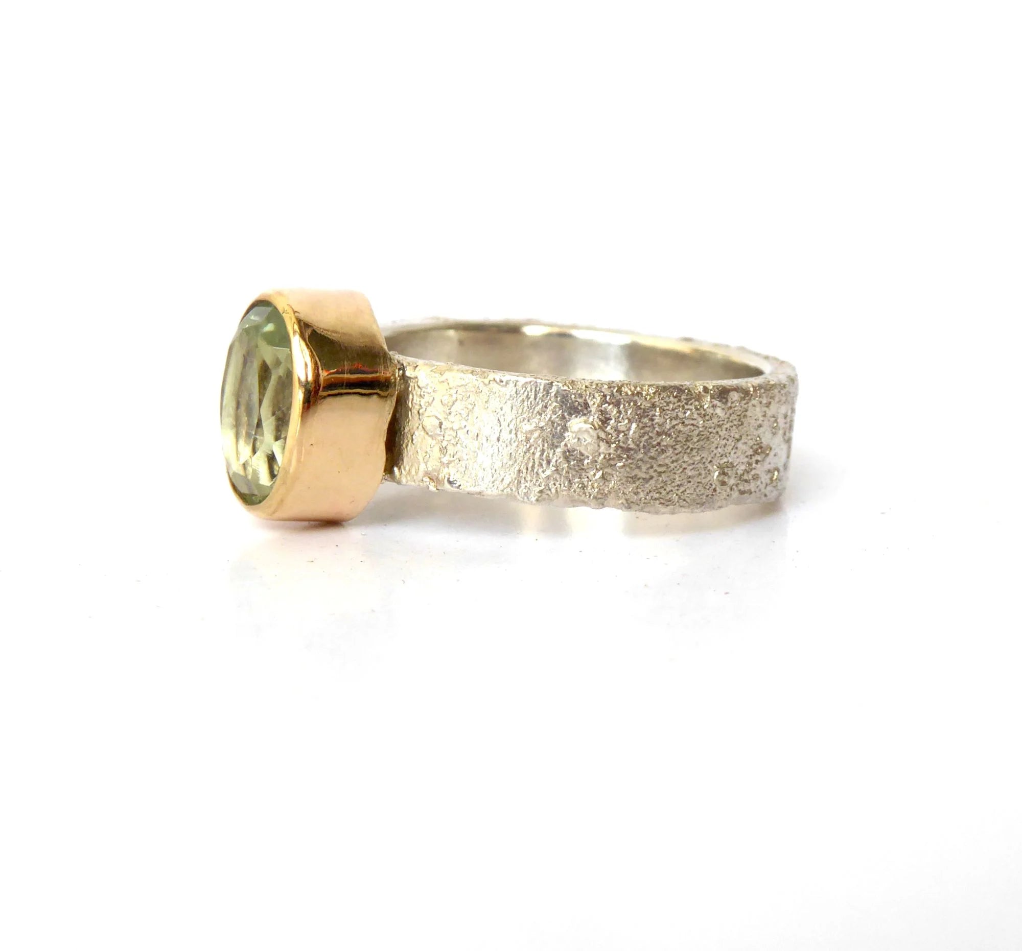Rivda: Oval Prasiolite Organic Ring | Silver & 9ct Gold Detail
