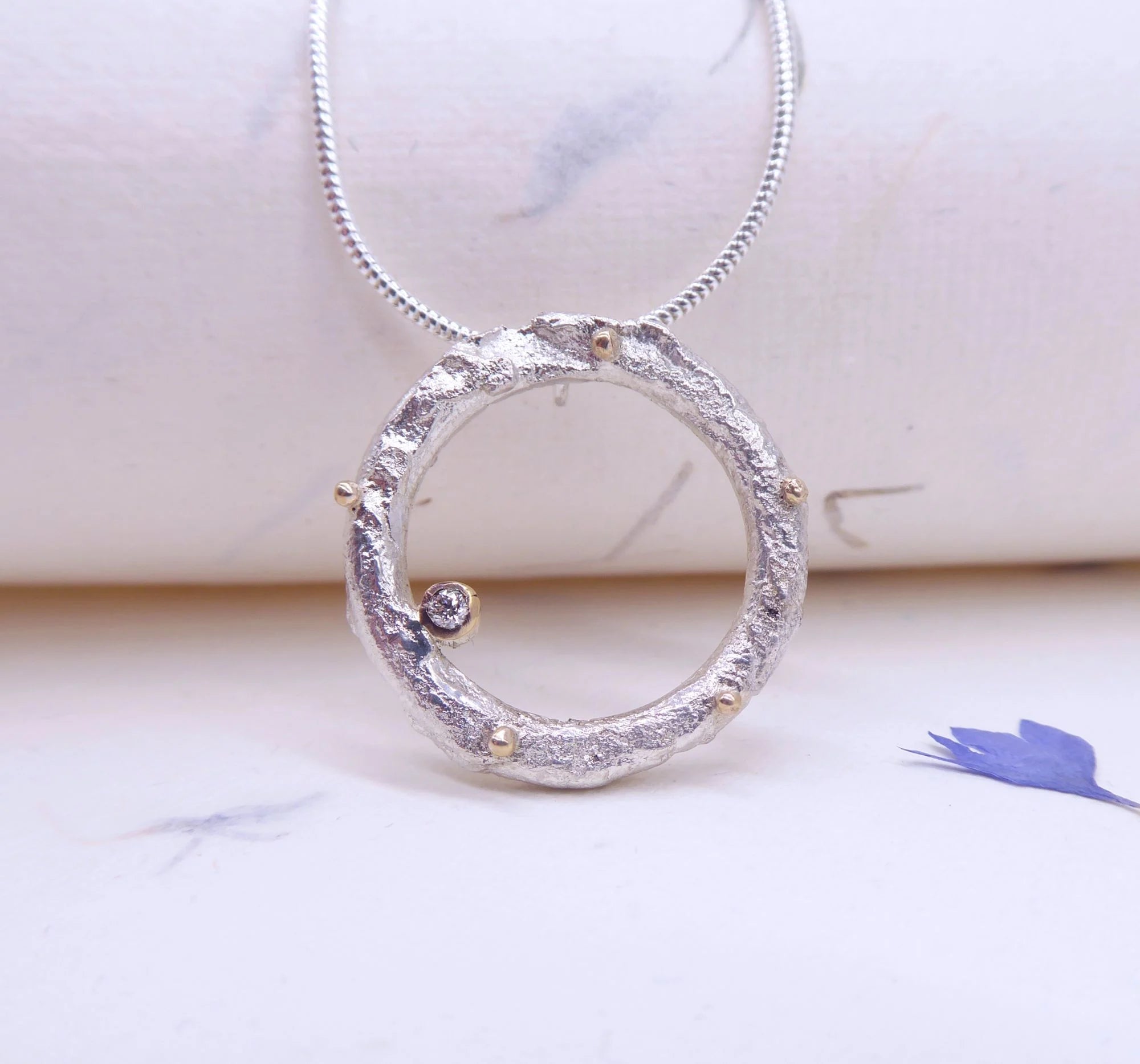 Rivda: Diamond Organic Loop Pendant | Textured Silver & 9ct Gold