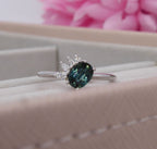 Selene - Oval Teal Sapphire & Diamonds Asymmetrical Cluster Engagement Ring - White Gold or Platinum