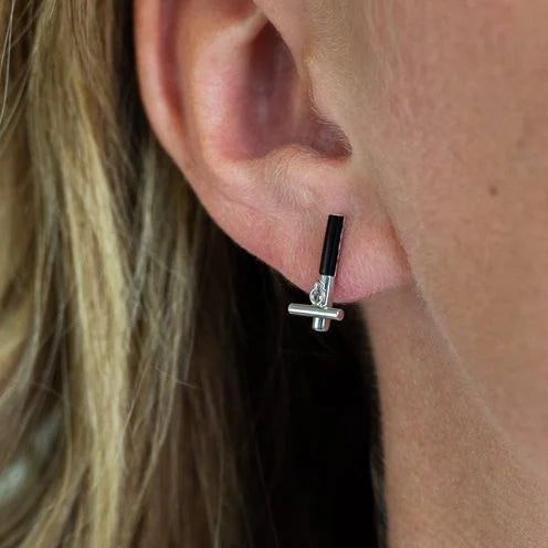 Onyx Bar Stud Earrings with Silver Detail