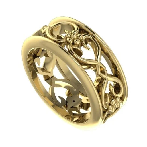 Flowers On The Vine Bordered Yellow Gold Floral Patterned Wedding Ring