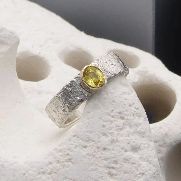 Rivda: Yellow Sapphire Organic Textured Ring | Silver & 9ct Gold
