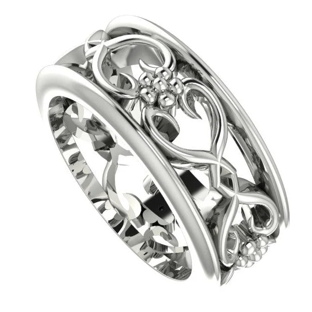 Flowers On The Vine Bordered White Gold Or Platinum Floral Patterned Wedding Ring