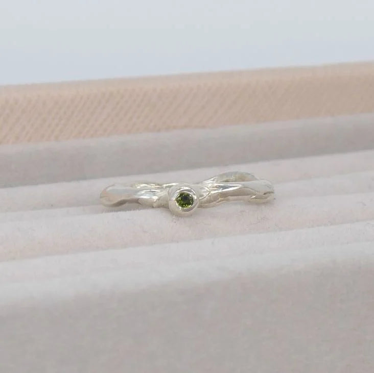 Organic Style Silver Origin Ring With A Dainty Green Tourmaline Gemstone