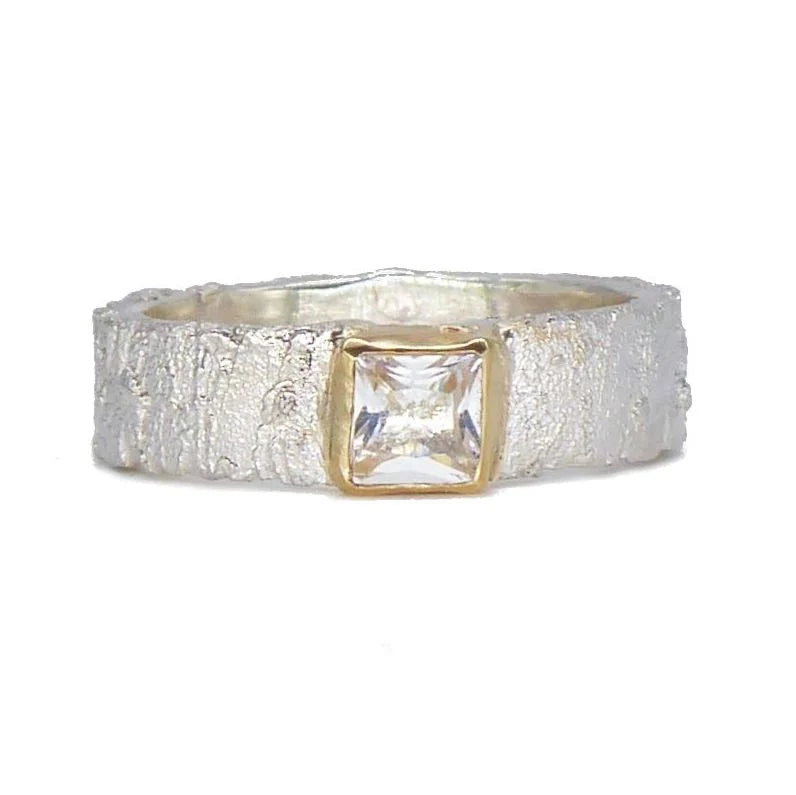 Rivda: White Topaz Princess Cut Organic Ring | Silver & 9ct Gold