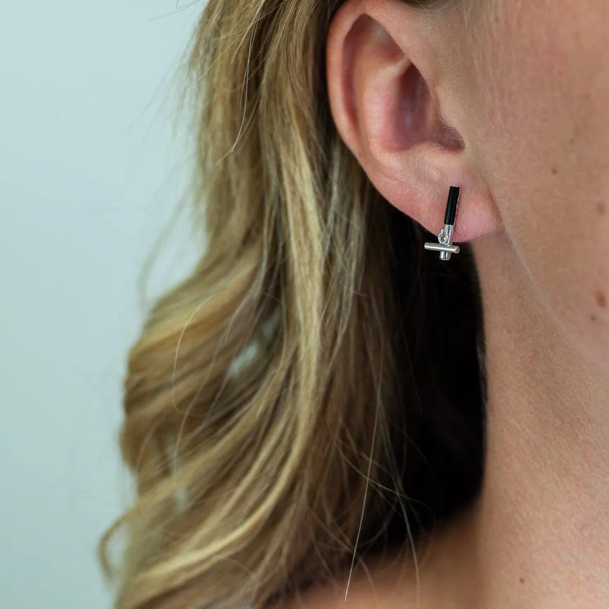 Onyx Bar Stud Earrings with Silver Detail