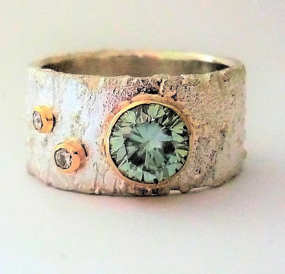 Rivda: Moissanite & Diamond Textured Ring | Silver & 9ct Gold