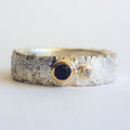 Sapphire and Diamond Textured Handmade Silver Ring With Gold Settings