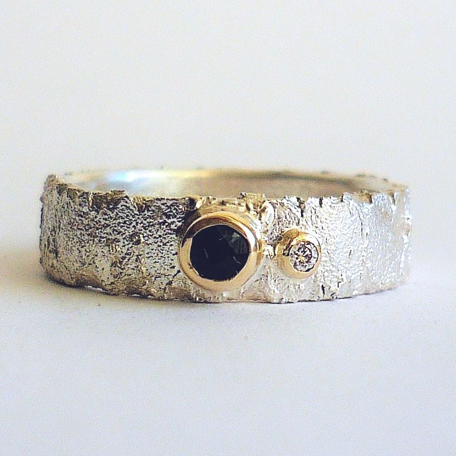 Sapphire and Diamond Textured Handmade Silver Ring With Gold Settings