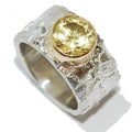 Yellow Beryl Gemstone Statement Textured Silver Ring With A Contrasting Gold Setting