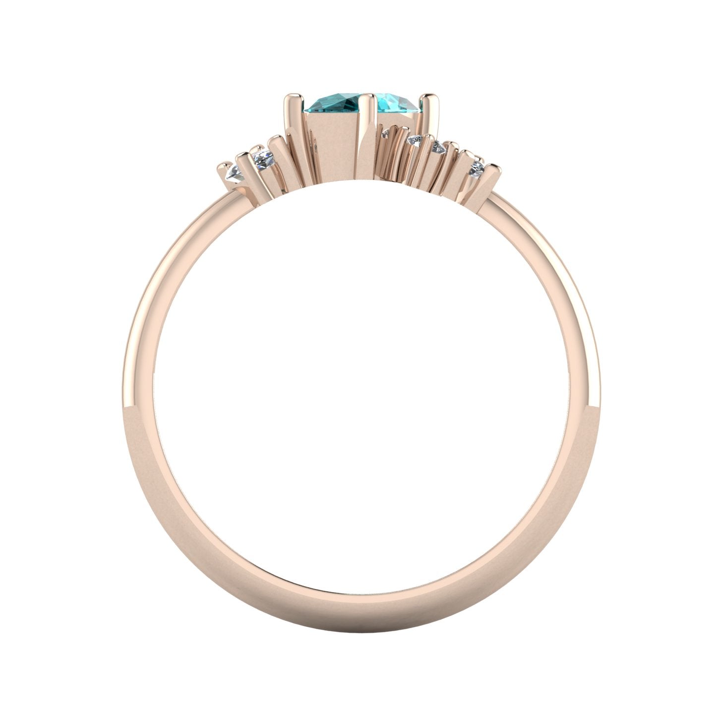 A view looking through the rose gold band, highlighting the thickness of the ring and the varying heights of the asymmetrical teal sapphire and diamond settings.