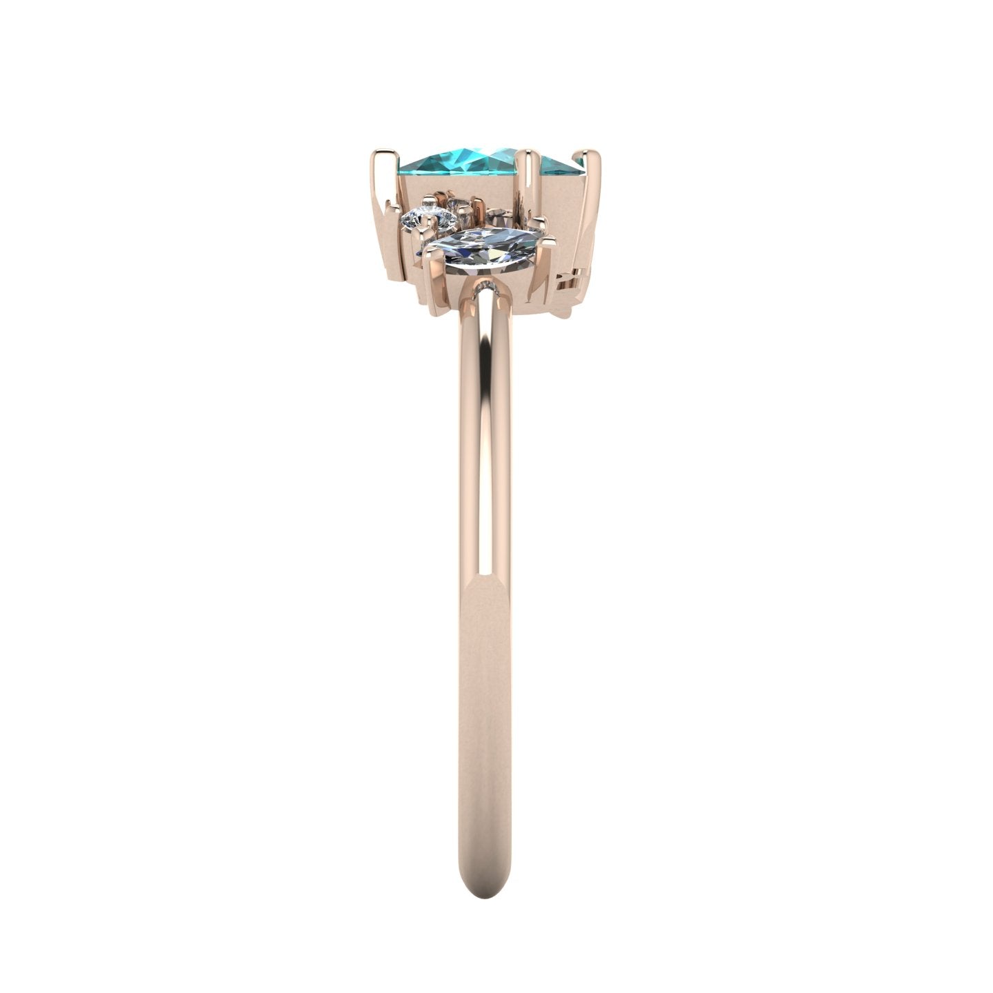 A side profile shot of the Atlantis asymmetrical ring, detailing the unique, hand-carved settings and the elegant, slim profile of the 18ct rose gold band.