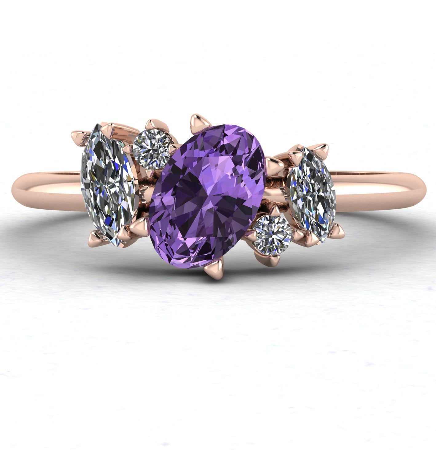 Front view of the Atlantis engagement ring, featuring an asymmetrical cluster of violet sapphires and brilliant diamonds set in warm 18ct rose gold.
