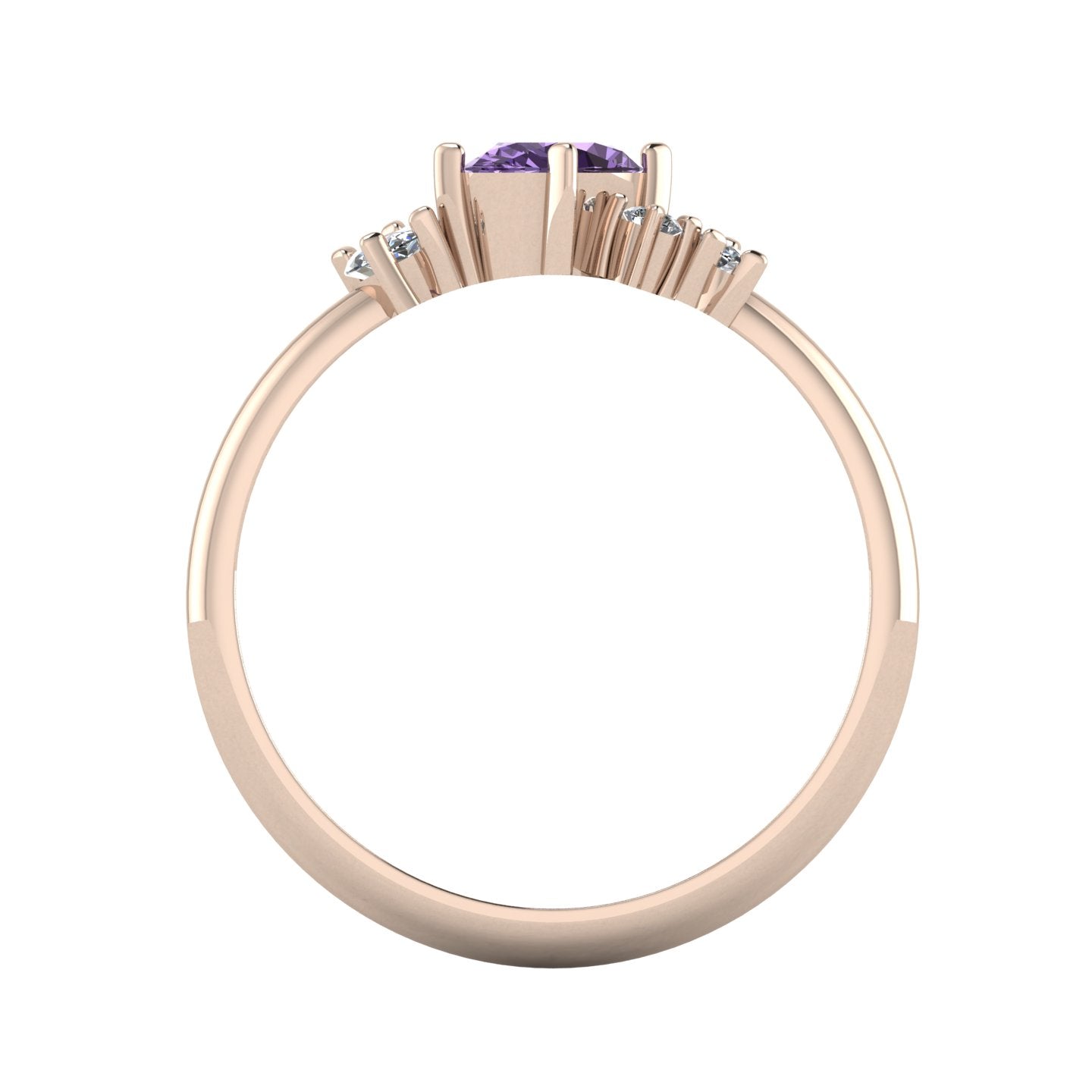 A view looking through the band, detailing the thickness of the 18ct rose gold and the varying heights of the violet sapphire and diamond cluster.