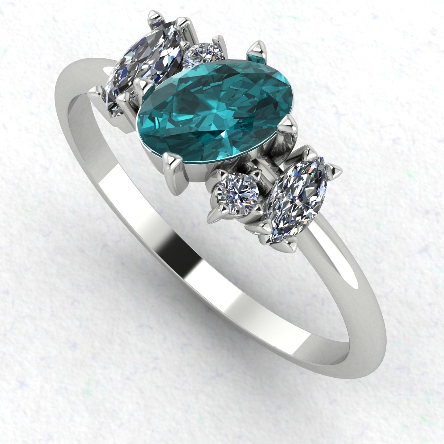 Atlantis Teal Sapphire and Diamond Asymmetrical Engagement Ring in Platinum or 18ct White Gold
