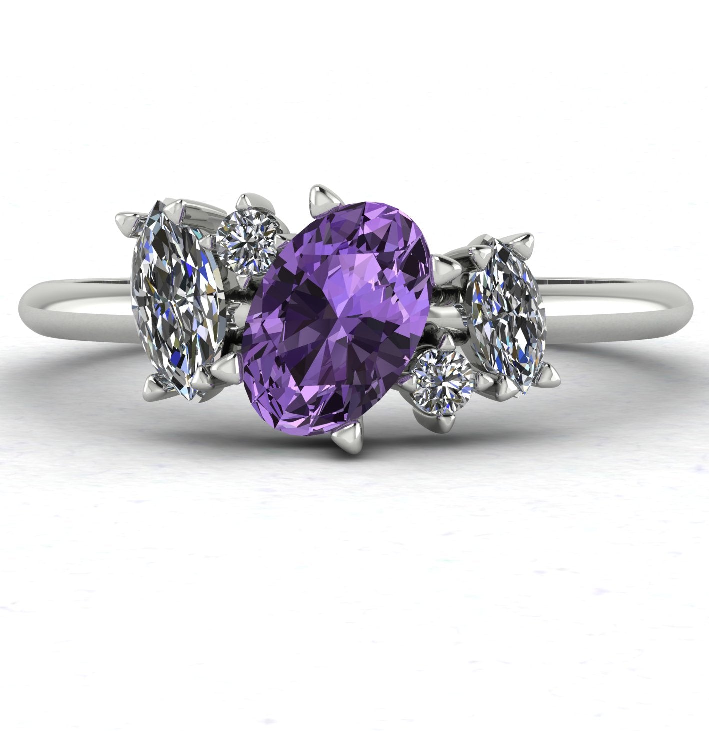 Front view of the Atlantis engagement ring, featuring an asymmetrical cluster of violet sapphires and brilliant-cut diamonds in white gold or platinum.