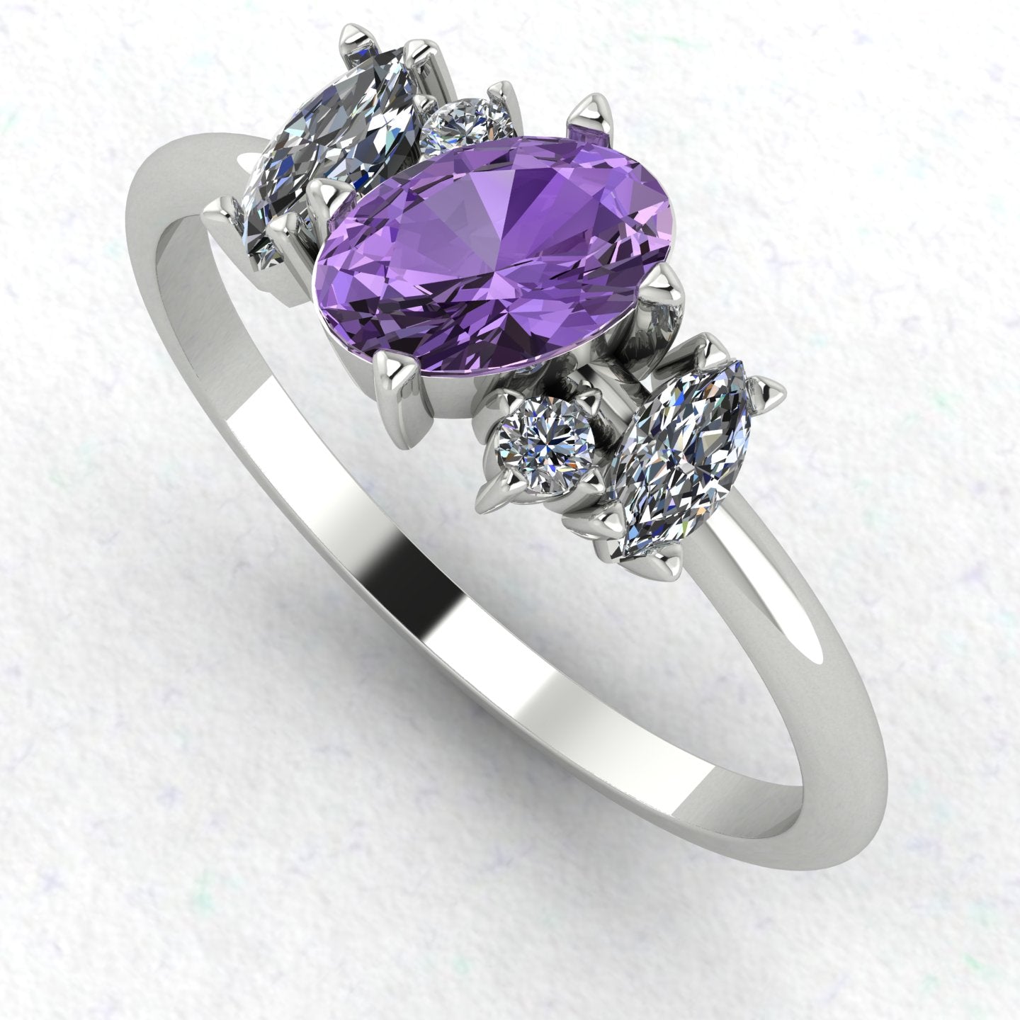 An angled perspective of the Atlantis ring, showcasing the contemporary organic design and the soft violet tones against the polished white metal band.