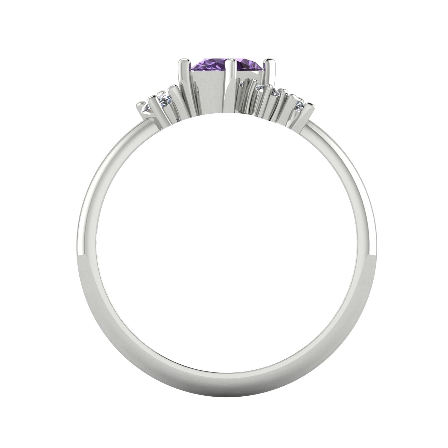 A view looking through the band, detailing the intricate under-gallery and the secure mounting of the violet sapphire and diamond stones.