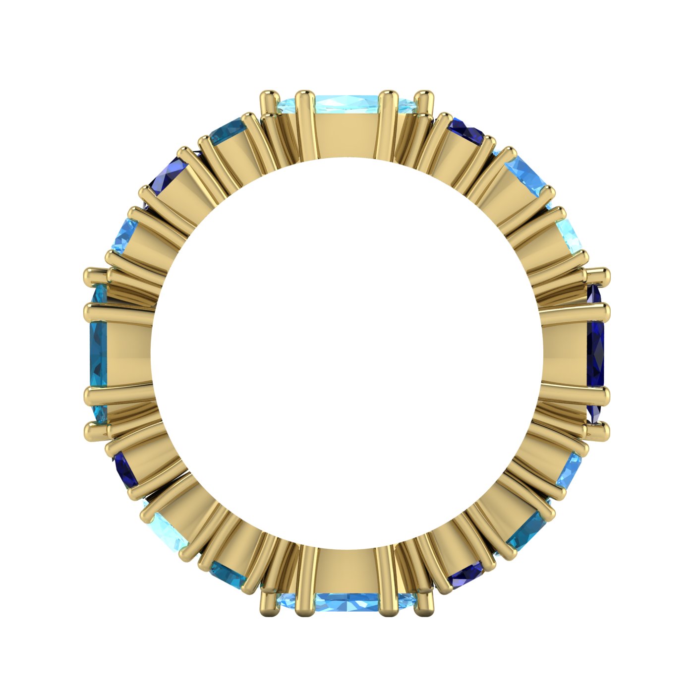 Overhead view of the blue sapphire and aquamarine eternity ring illustrating the alternating pattern of marquise and round-cut gemstones.
