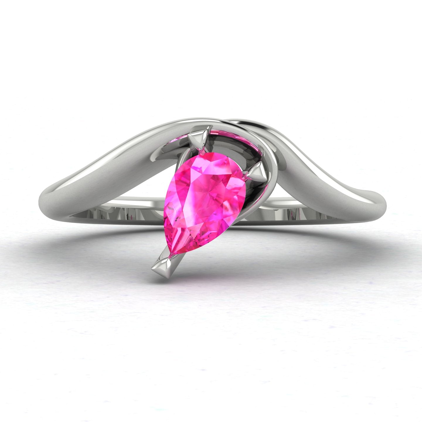 Enchanted Pear Shaped Solitaire Pink Sapphire Asymmetrical White Gold or Platinum Ring