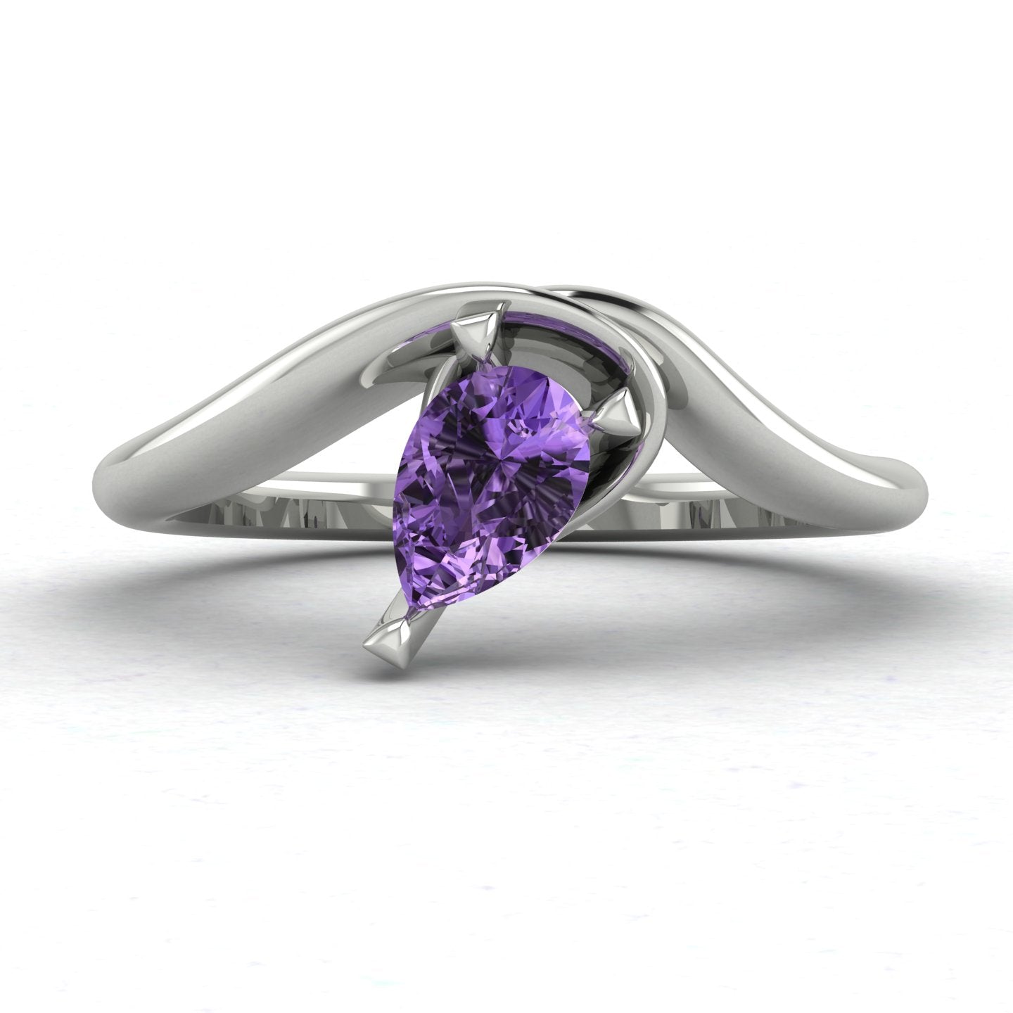 Enchanted Pear Shaped Solitaire Violet Sapphire Asymmetrical White Gold or Platinum Ring