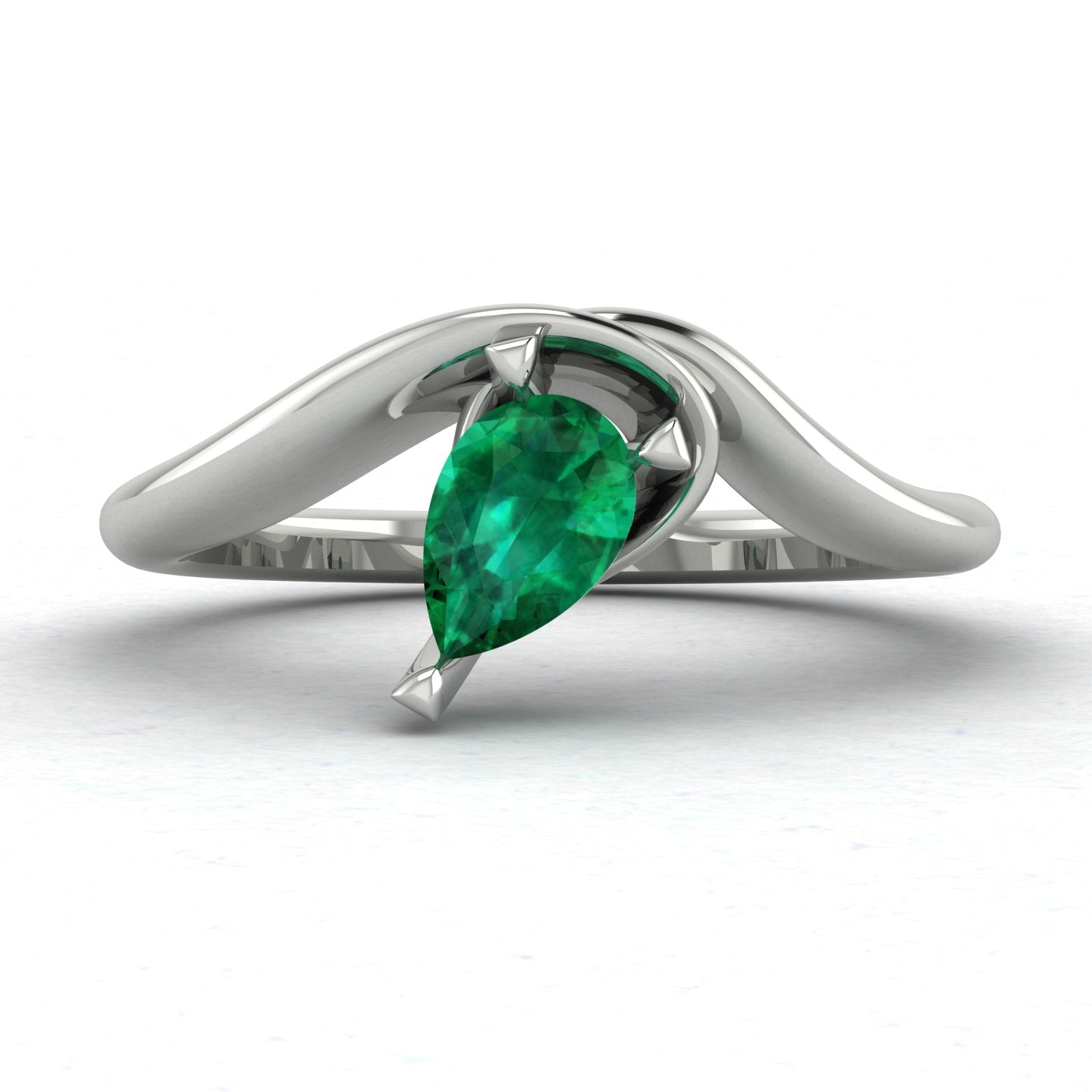 Enchanted Pear Shaped Lab Grown Emerald Asymmetrical White Gold or Platinum Ring