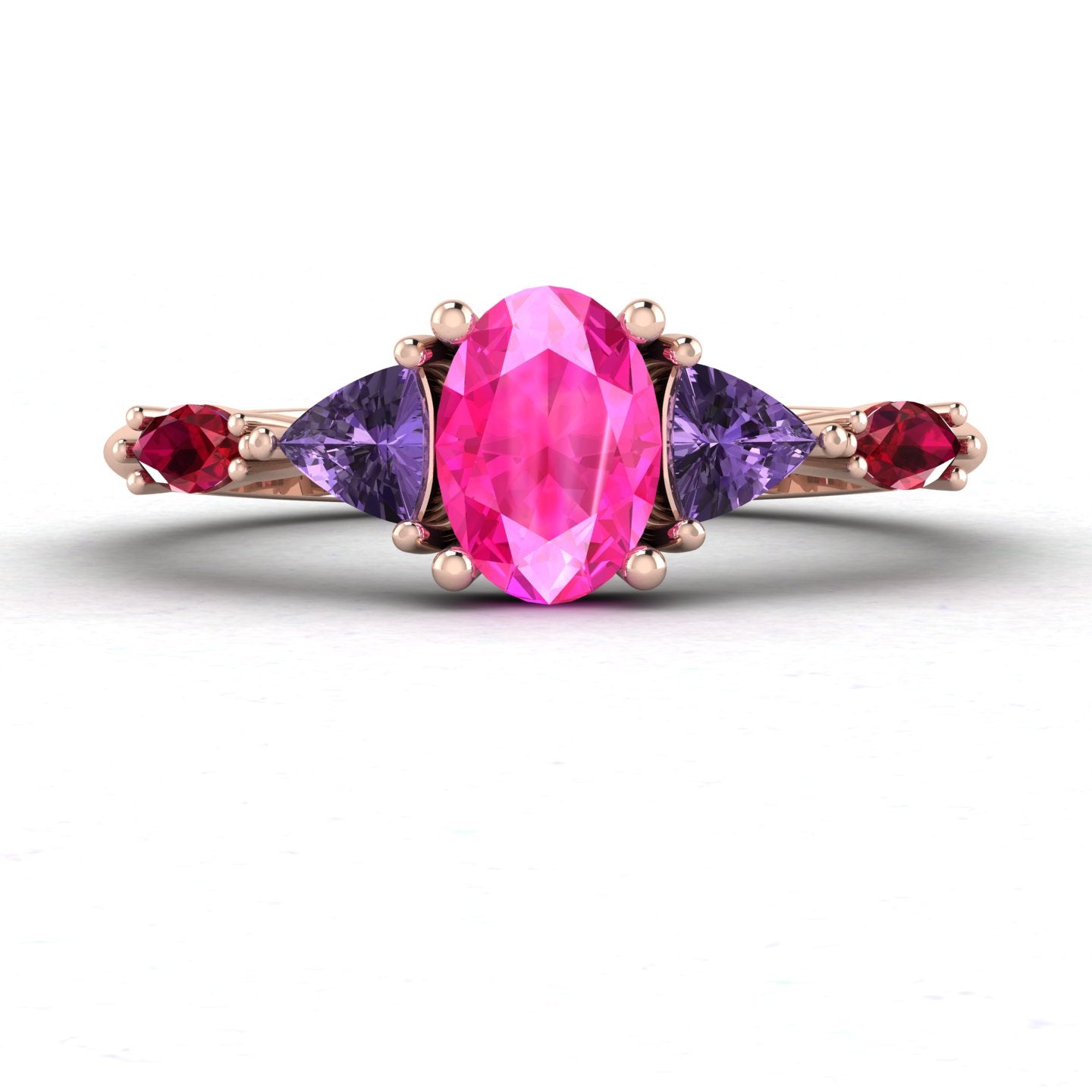Maisie Oval Pink Sapphire, Violet Sapphire & Ruby Ring in 18ct Rose Gold