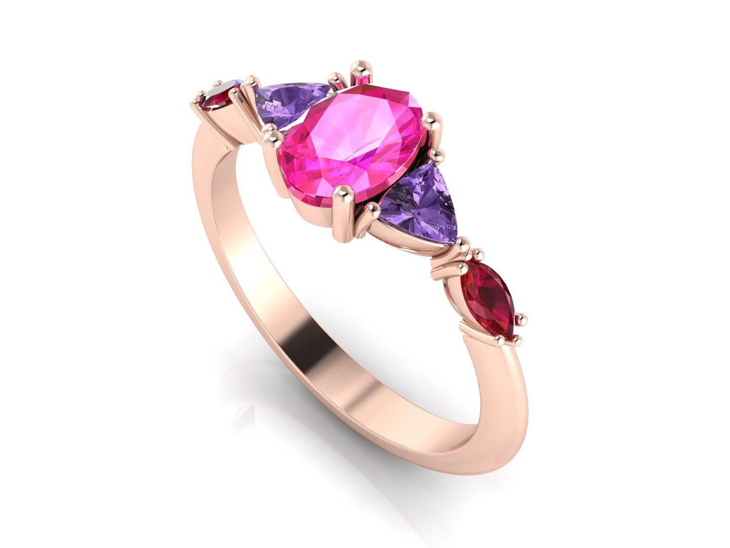 Maisie Oval Pink Sapphire, Violet Sapphire & Ruby Ring in 18ct Rose Gold