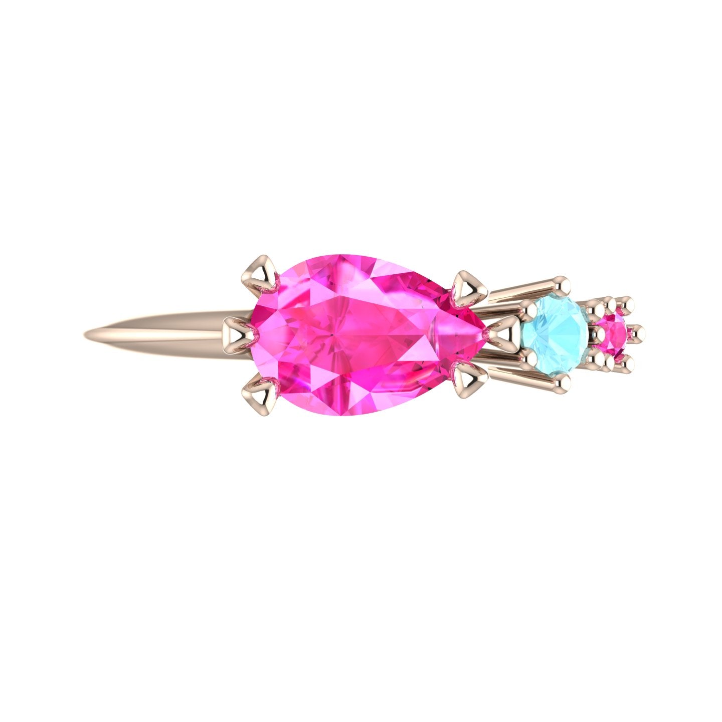 Comet Ring: Pear Shaped Pink Sapphire's & Aquamarine Rose Gold Trilogy Ring