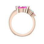 Comet Ring: Pear Shaped Pink Sapphire's & Aquamarine Rose Gold Trilogy Ring