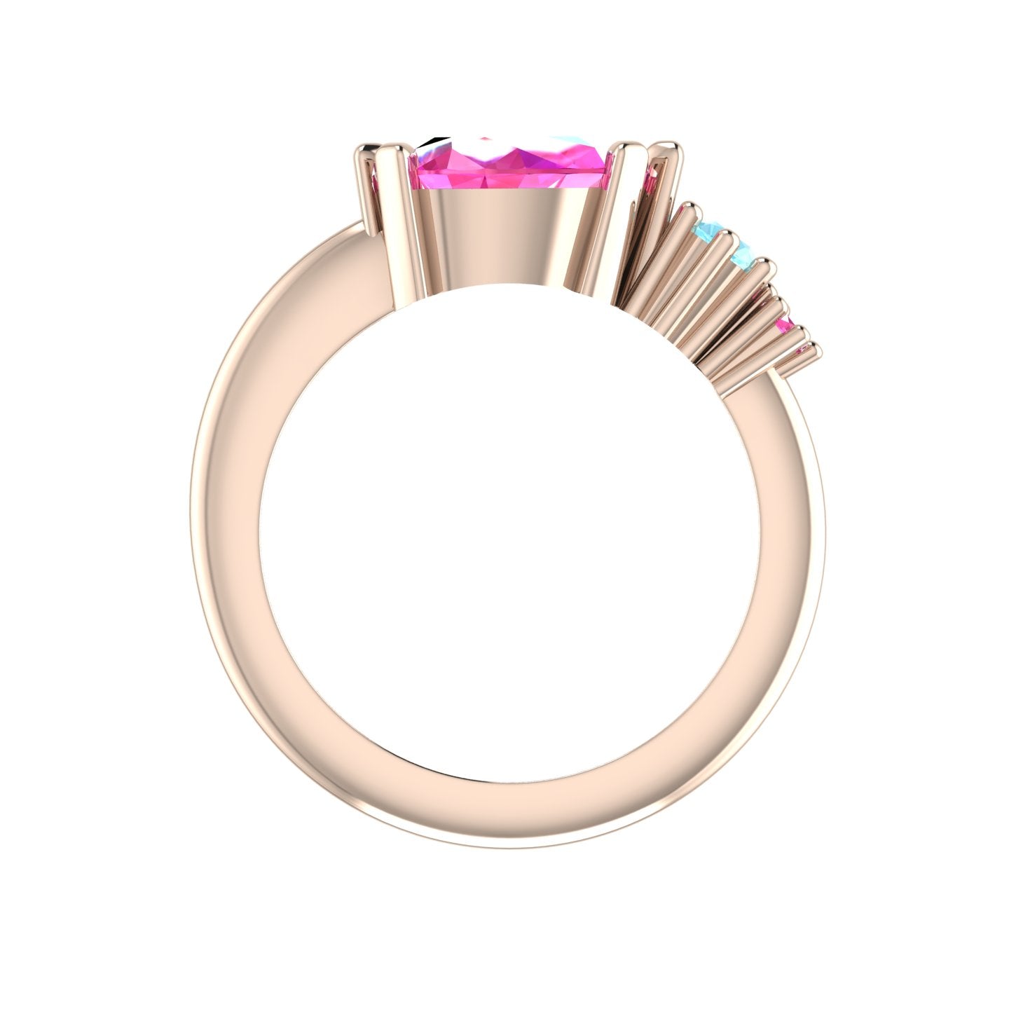 Comet Ring: Pear Shaped Pink Sapphire's & Aquamarine Rose Gold Trilogy Ring