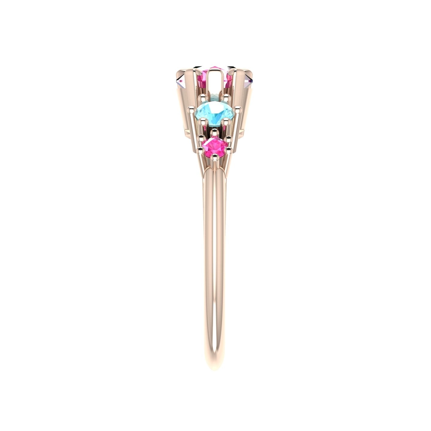 Comet Ring: Pear Shaped Pink Sapphire's & Aquamarine Rose Gold Trilogy Ring