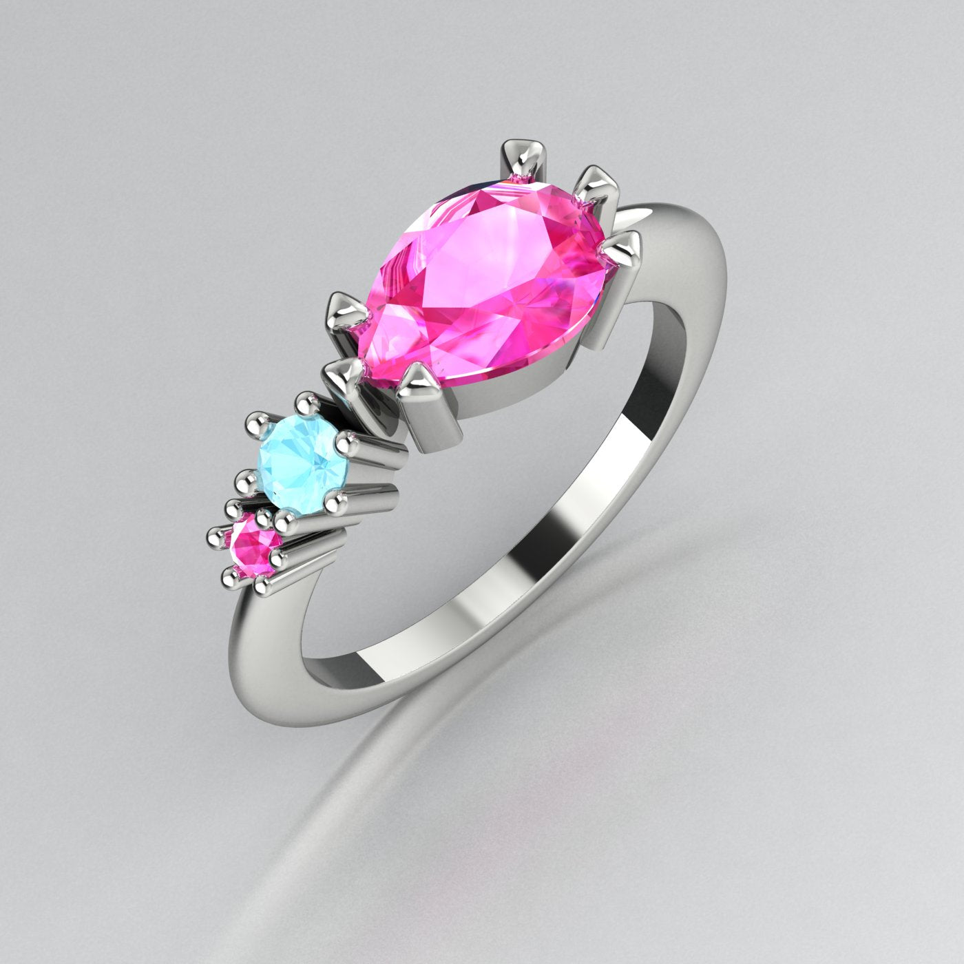 Comet Ring:  Pear Shaped Pink Sapphire's & Aquamarine White Gold or Platinum Ring