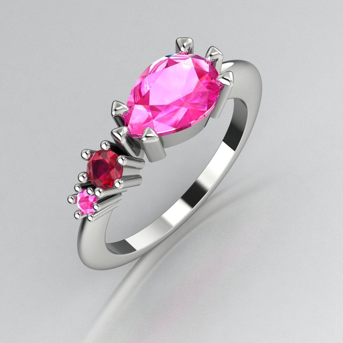 Pear Shaped Pink Sapphire's & Ruby Asymmetrical Comet Ring